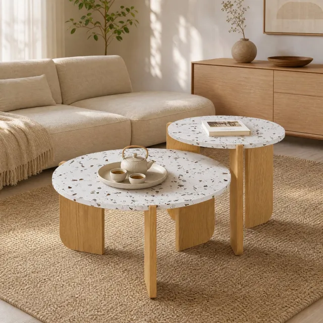 CHICFURN Salontafel - Nestelbaar - 2-delige set - Wit en houtkleur