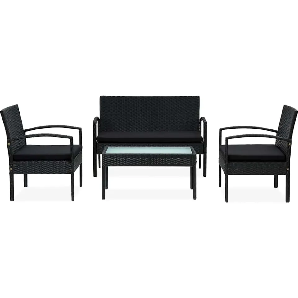 vidaXL 4-delige Loungeset met kussens poly rattan zwart, foto 2