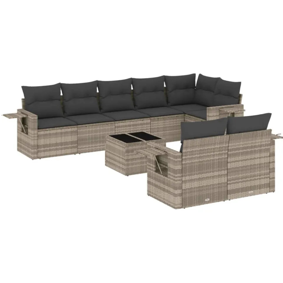 vidaXL 9-delige Loungeset met kussens poly rattan lichtgrijs