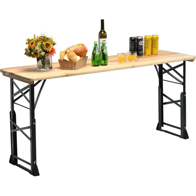 KOMFOTTEU Biertafel voor buiten, in hoogte verstelbaar (75 cm-105 cm), inklapbare tuinbartafel, picknicktafel met parasolgat, 168,5 x 50 cm (l x b), narurel en zwart Natuurlijk