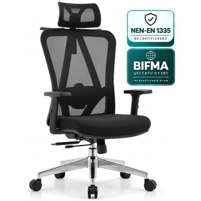 OfficeSense OS200 Ergonomische Bureaustoel - Verstelbare Lendensteun - Schuifzitting - Kantelbaar 126° - Aluminium Voet - 150 kg - Zwart