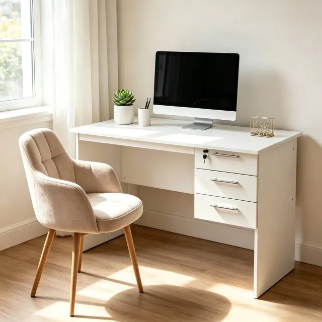 MODENUIT Computerbureau 120 x 60 x 75 cm - 3 Lades Met Slot - Voor Werk- En Studieplek - Hout Wit