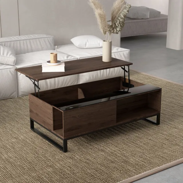 MODENUIT Salontafel - Hefblad en Opbergruimte - Voor de Woonkamer - Staal - Walnoot en Zwart - 102x58x35,5 cm Walnootkleurig