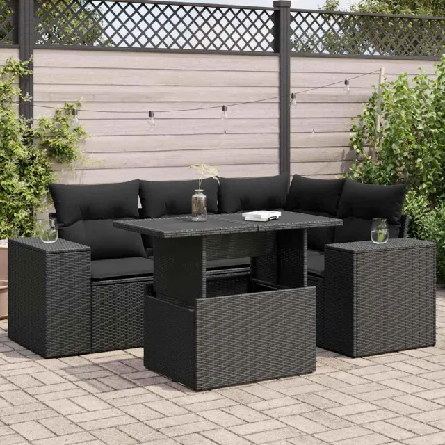 vidaXL 5-delige Loungeset met kussens poly rattan zwart, foto 2