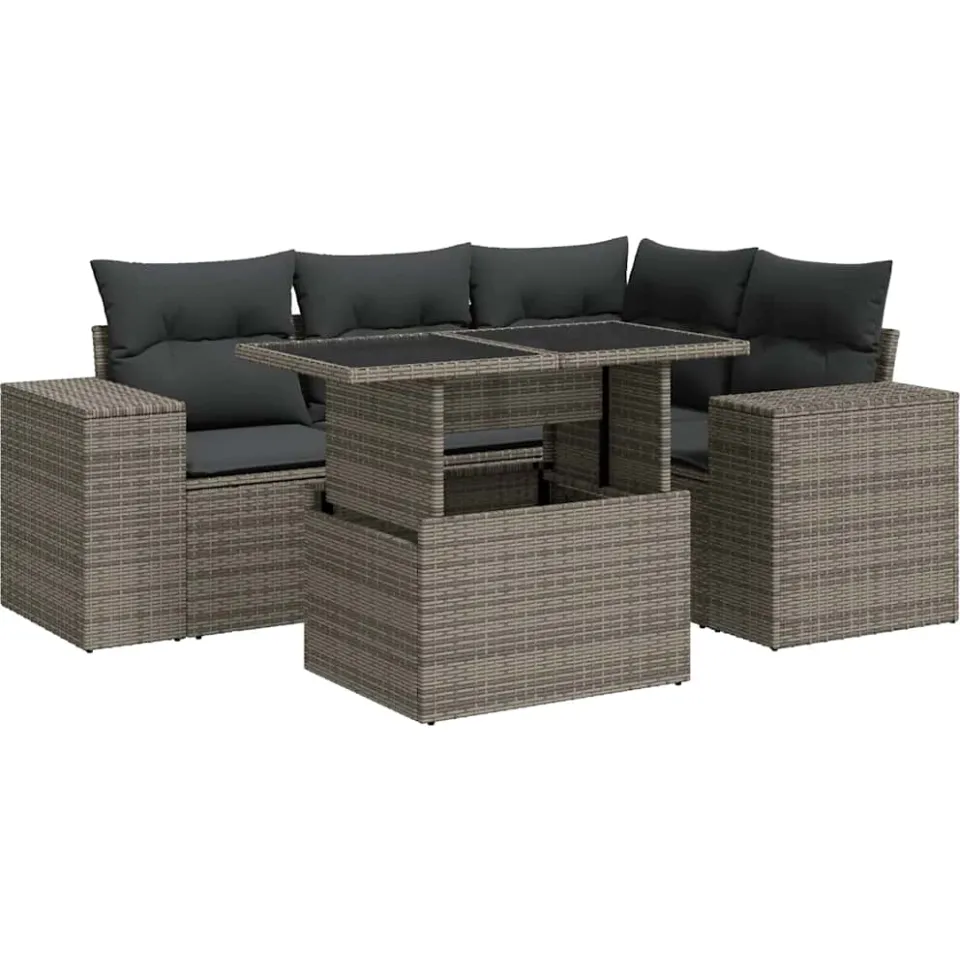 vidaXL 5-delige Loungeset met kussens poly rattan grijs, foto 3