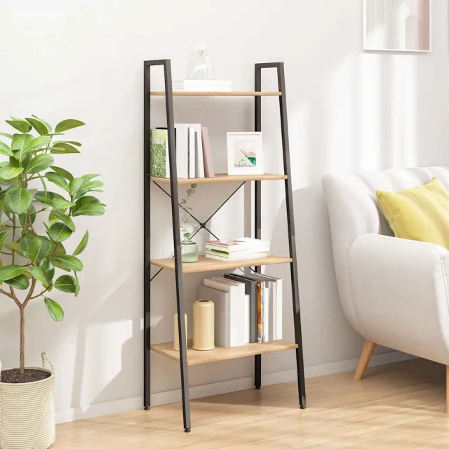 vidaXL Ladderrek met 4 schappen 56x35x140 cm lichtbruin en zwart, foto 2