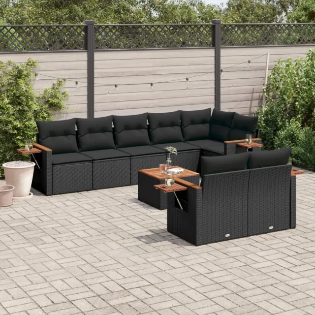 vidaXL 9-delige Loungeset met kussens poly rattan zwart, foto 2