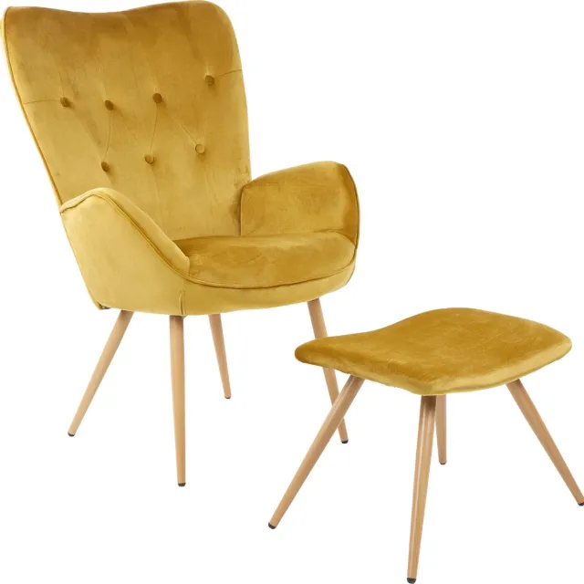 Albatros International Albatros Wing Chair met Krukje York, Goud - Vintage u Stijlvol, Fluwelen Bekleding - Elegante en SGS Goedgekeurde Leesstoel of Relaxstoel met Krukje in Moderne Look - oorfauteuils met armleuning