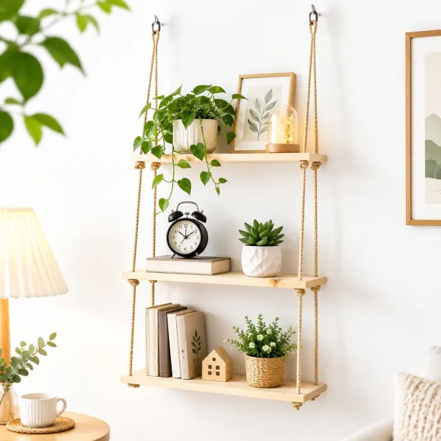 VHV Macramé Wandplank 3 Laags - Wandkleed - Boho Wandrek met Houten Planken - Plantenrek Muurdecoratie voor Woonkamer Slaapkamer Badkamer Groen