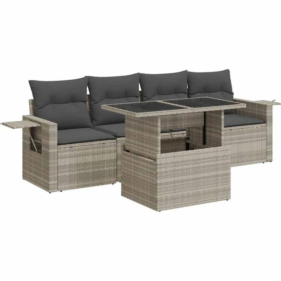 vidaXL 5-delige Loungeset met kussens poly rattan lichtgrijs grijs, foto 3