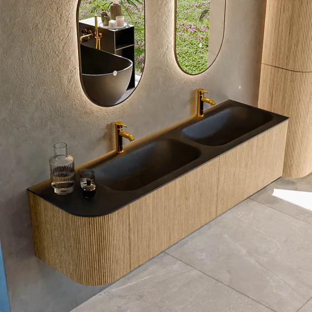 Mondiaz KURVE 165 cm Onderkast Greeploos 2 Lades Met Deuren Oak, Wastafel Solid Surface Rechts Urban 2 Kraangaten Zonder Spiegel (KRVBGS165L2L1D2KD-Oak/Urb)