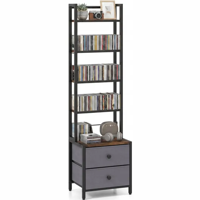 Costway Boekenkast 5 Planken met 2 Laden Rustiek Bruin + Zwart + Grijs