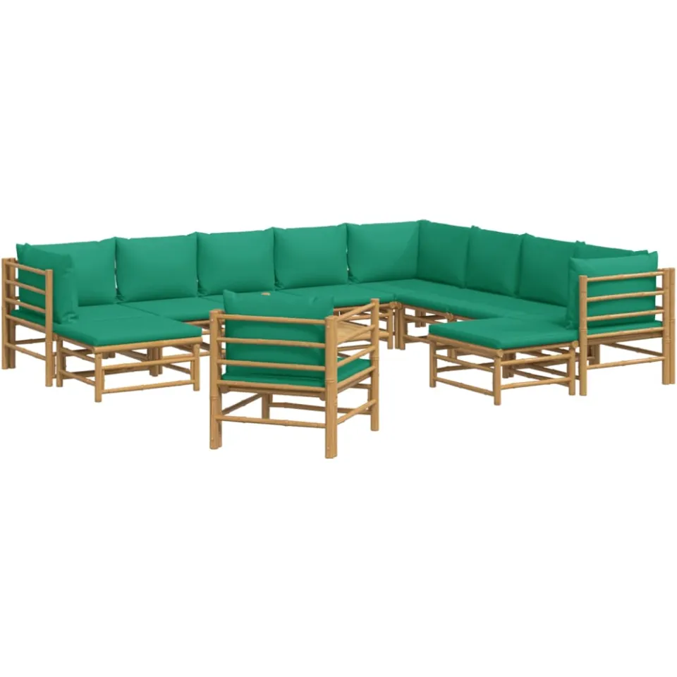 vidaXL 12-delige Loungeset met kussens bamboe groen Bruin
