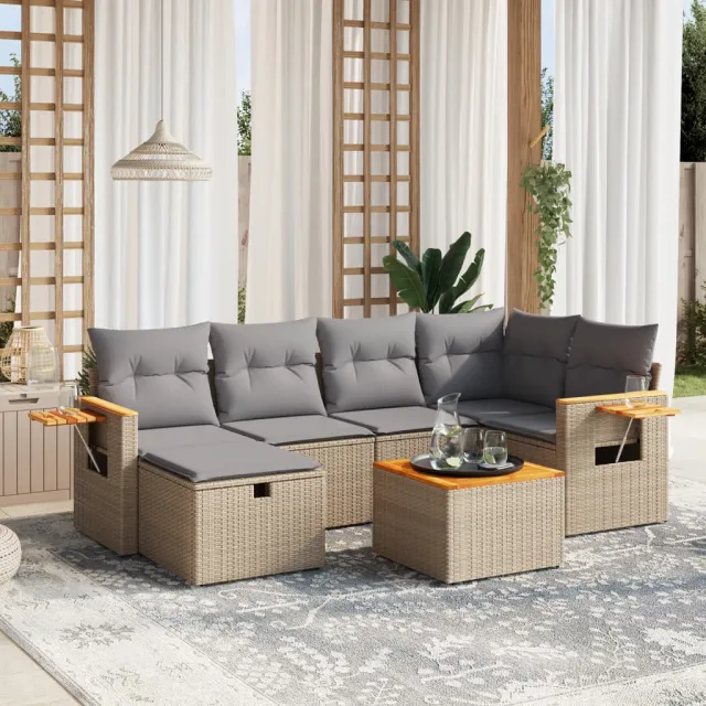 vidaXL 7-delige Loungeset met kussens poly rattan gemengd beige, foto 2