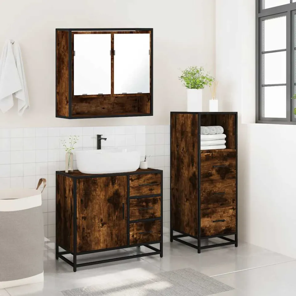 vidaXL 3-delige Badkamermeubelset bewerkt hout gerookt eikenkleurig, foto 4