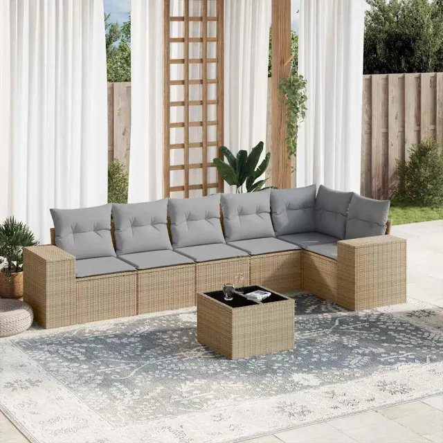 vidaXL 7-delige Loungeset met kussens poly rattan beige, foto 2
