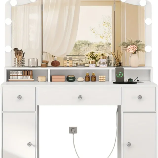 J.T.R Kaptafel-Make up tafel met spiegel en verlichting -Moderne Kaptafel en Make-up spiegel met 3 Opvouwbare Spiegels- 3 Lades en 2 Kastjes-(102x40x 144.2)cm- Wit.