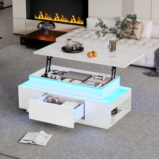 MEUNIQ Salontafel 96 x 45 x 40 cm met in hoogte verstelbaar blad, lade, verborgen opbergruimte, open vakken en LED-verlichting voor woonkamer, wit