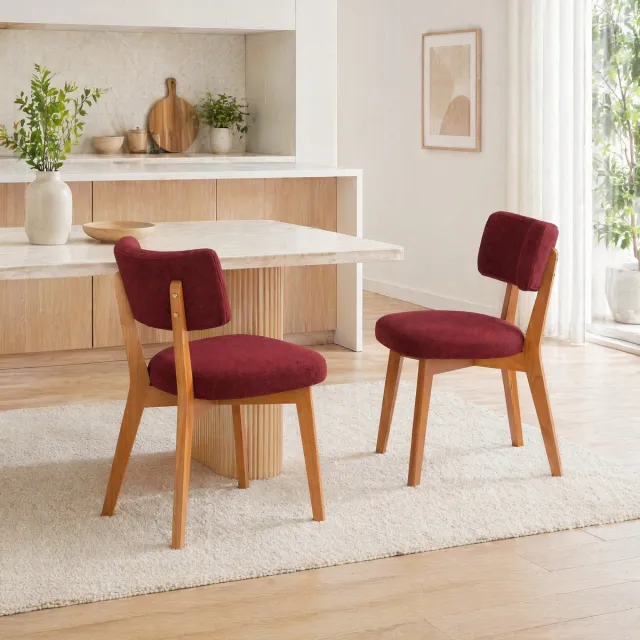REDOM Eetkamerstoel - Set van 2 - Gestoffeerde zitting en rugleuning - Vierpotig houten onderstel - Mid-century stijl - Woonkamer en eetkamer - Wijnrood - 54,5 x 47 x 77 cm bordeauxrood