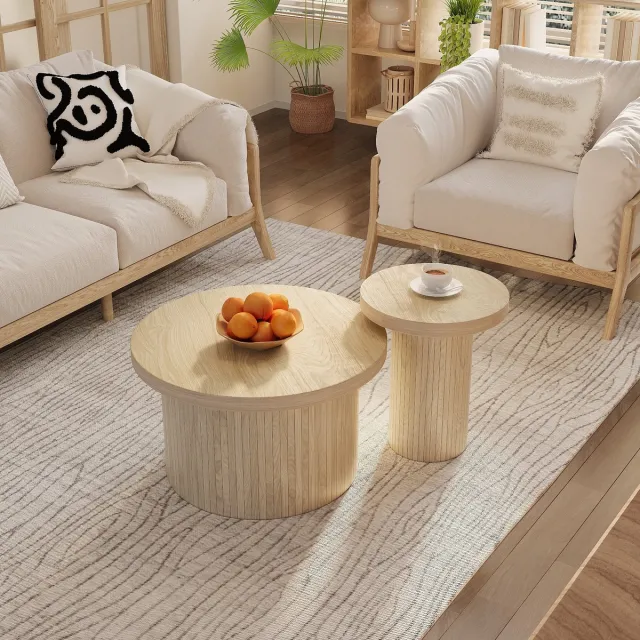 Sweiko Salontafel set, dubbele ronde tafel, bijzettafel met natuurhouten latten Natuurlijke