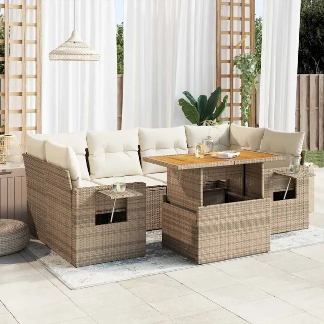 vidaXL 7-delige Loungeset met kussens poly rattan beige, foto 2