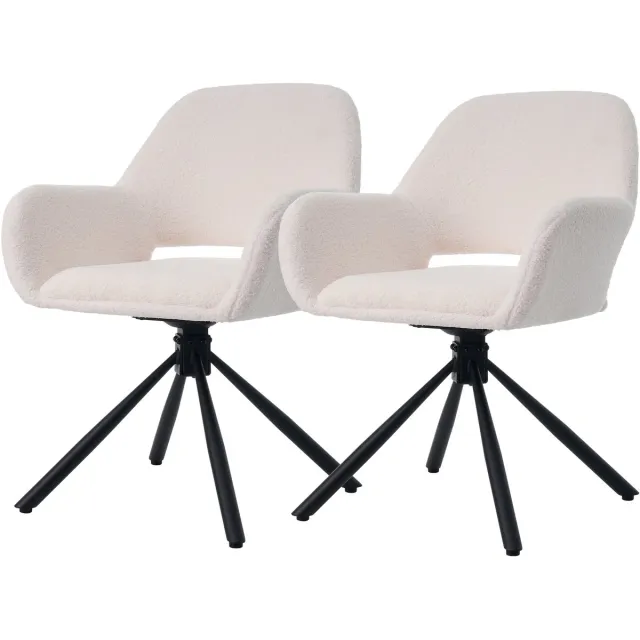 Merax Lamswollen stofeetkamerstoelen - set van 2 met armleuningen - modern minimalistisch - eetkamerstoelen - lounge draaistoel - wit