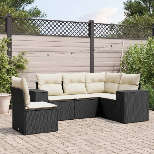 vidaXL 5-delige Loungeset met kussens poly rattan zwart, foto 2