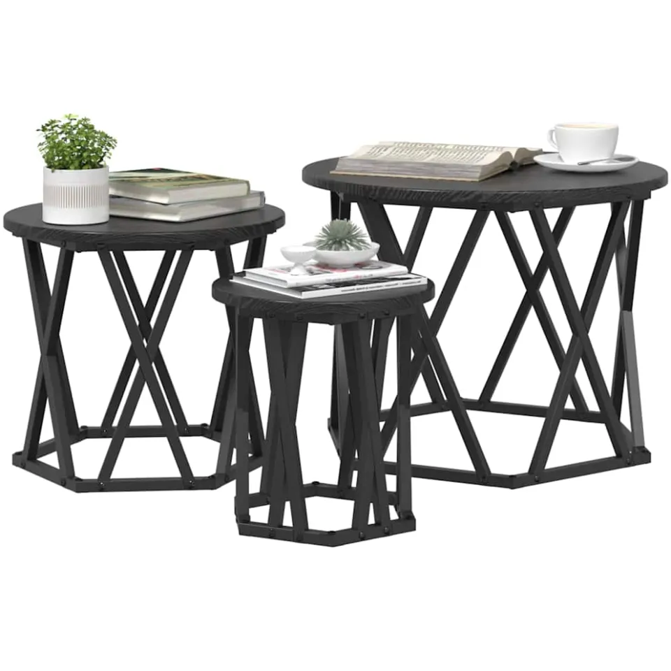 vidaXL Nestbare Bijzettafel 3 st Zwart Eiken 53 x 53 x 40 cm, foto 2