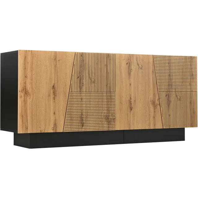 Ropilly Modern dressoir 160 cm - Met deuren en verstelbare legplank - Spaanplaat in zwart en houtkleur - Geometrische fronten - Voor woonkamer en eetkamer