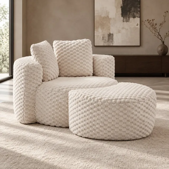 WUVRIE Fauteuil met hocker 129x116x65 cm - Pluche kunstbontstof en armleuningen - Beige