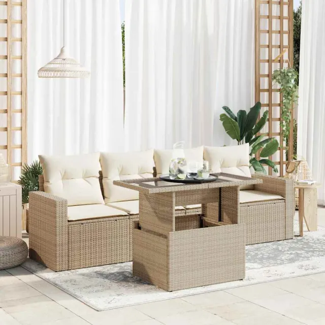 vidaXL 5-delige Loungeset met kussens poly rattan beige, foto 2