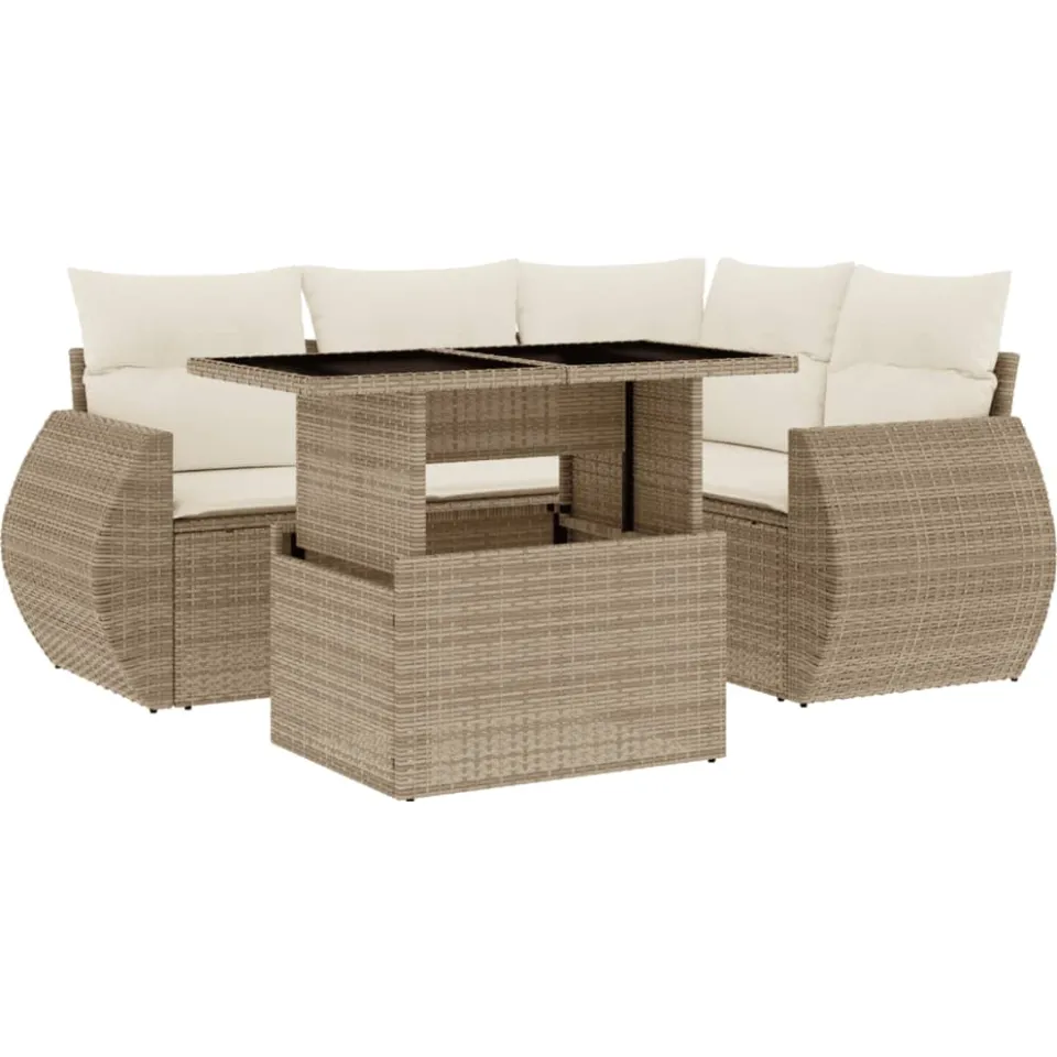 vidaXL 5-delige Loungeset met kussens poly rattan beige, foto 3