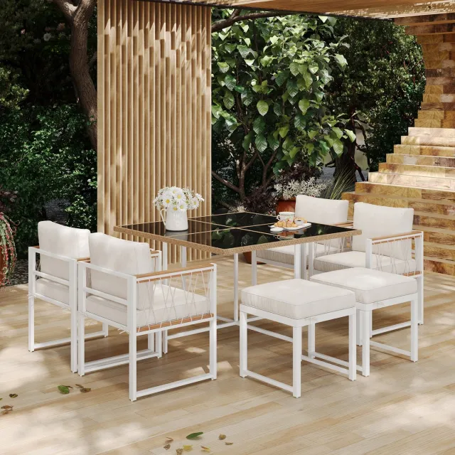 Merax 7-delige eettafel- en stoelenset voor buiten voor 6 personen, tafel van gehard glas met PE-rotan omwikkeling, handgeleuningplaat van acaciahout, geschikt voor maaltijden in achtertuin, tuin wit