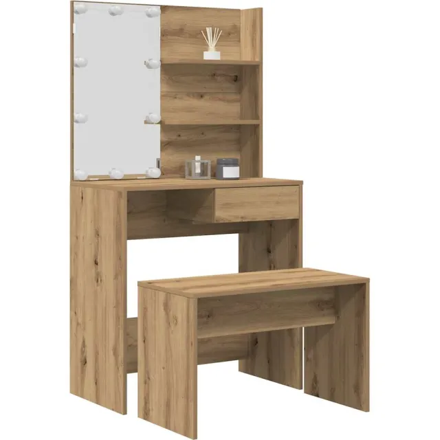 vidaXL Kaptafelset met LED-verlichting bewerkt hout artisanaal eiken Bruin