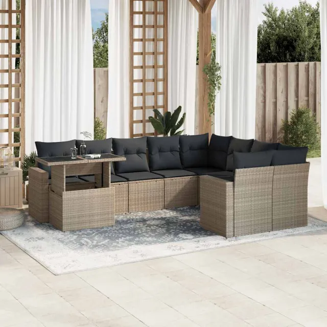 vidaXL 10-delige Loungeset met kussens poly rattan lichtgrijs grijs, foto 2