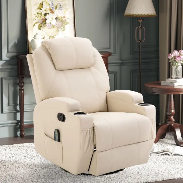 OKWISH Relaxfauteuil 84 x 92 x 109 Cm - Elektrische Massage Met 5 Modi, Ligstand Tot 165 Graden En Schommelfunctie - Kunstleer - Crèmewit