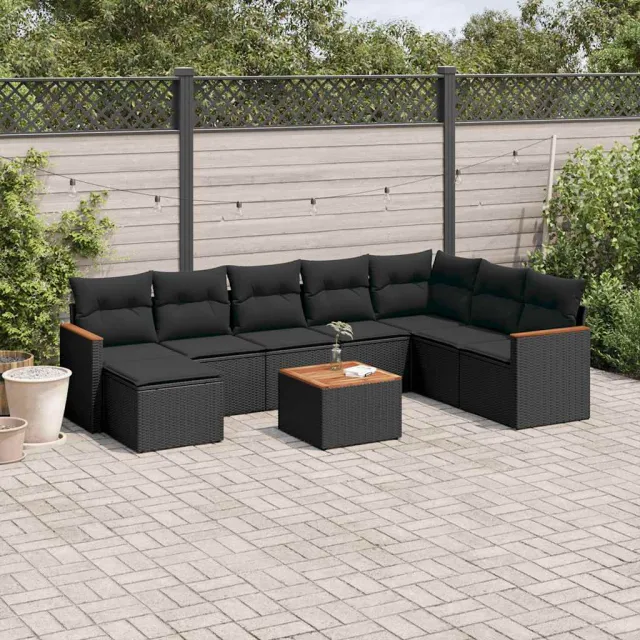 vidaXL 9-delige Loungeset met kussens poly rattan zwart, foto 2