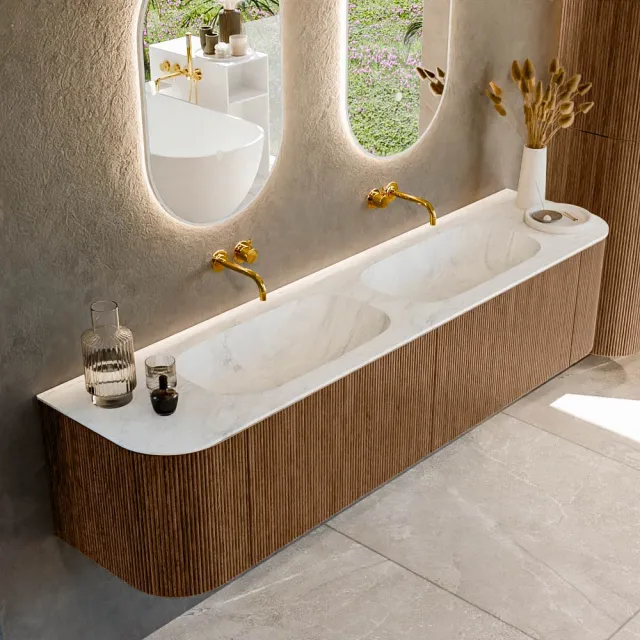 Mondiaz KURVE-DLUX 190 cm Onderkast Greeploos 2 Lades Met Deuren Walnut, Wastafel Solid Surface Dubbel Opalo 0 Kraangaten Zonder Spiegel (KRVSTS190L+R2L2D0KD-Wal/Opa)