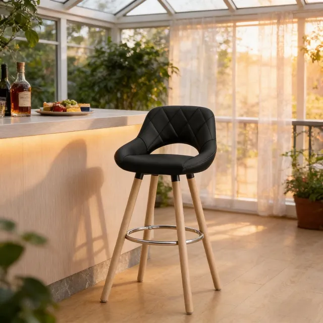 DESMIU Barkruk - Zwart Kunstleer - Met Rugleuning En Voetsteun - Voor Keuken, Bar En Café - Houten Poten - Zwart