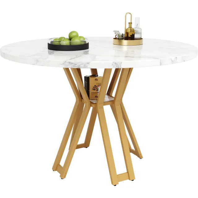 MODFU Ronde Eettafel - 100x100x76 cm - Marmerlook - Goudkleurige Metalen Poten - Ruim Design - Eettafel voor Eetkamer & Keuken Goud+Wit