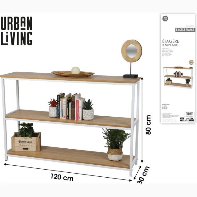Urban Living "LA CASA BLANCA" BOEKENKAST MET 3 NIVEAUS 120X30XH80CM light brown
