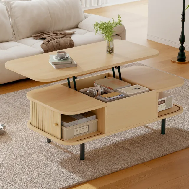 Wishdor Salontafel met verstelbaar tafelblad - Hydraulisch hefmechanisme en opbergruimte - Twee roldeuren en afgeronde hoeken - Voor woonkamer en thuiswerkplek - MDF met fineer - Naturel - 101 x 51 x 52,5 cm Naturel houtkleur