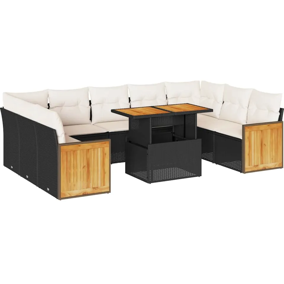 vidaXL 10-delige Loungeset met kussens poly rattan acacia zwart, foto 3