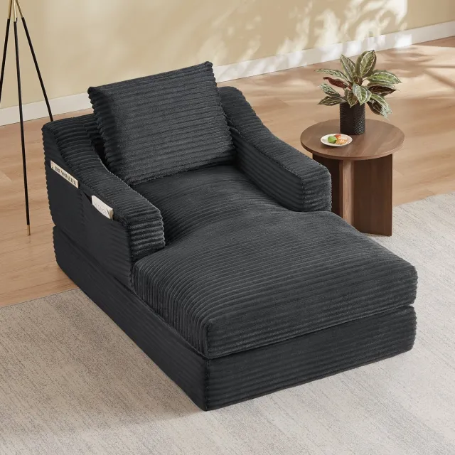 COVREO Fauteuil 100x160x85 cm - donkergrijs corduroy, 1-zits, uitklapbaar tot ligplek