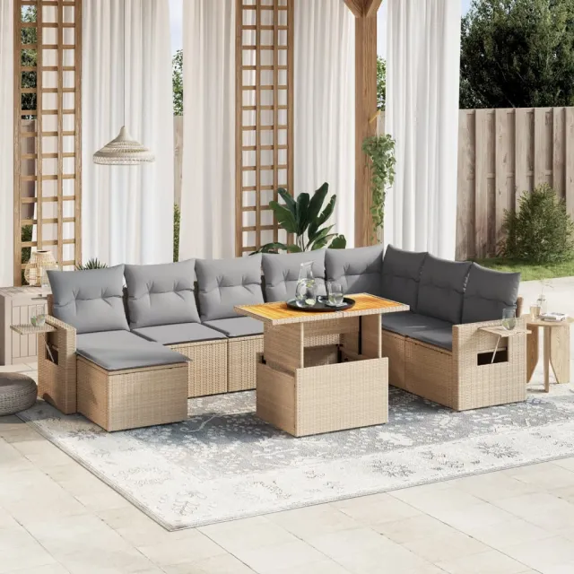 vidaXL 9-delige Loungeset met kussens poly rattan beige, foto 2