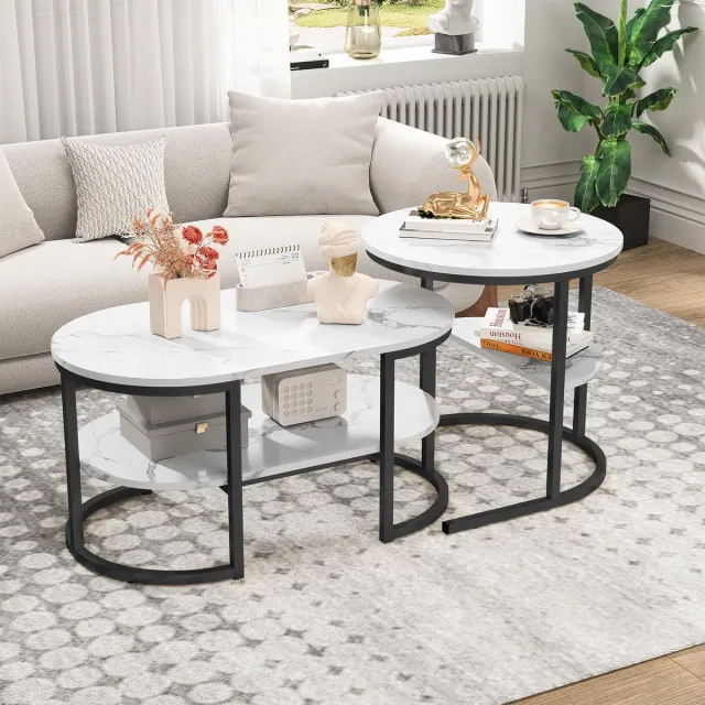 ROSAHQNDA 2-in-1 in elkaar passende salontafel, set van 2, moderne salontafel met marmerpatroon, ovale vorm, salontafel voor woonkamer, balkon en kantoor, bijzettafelset met metalen frame (wit + zwart) wit + zwart (Ovale vorm)