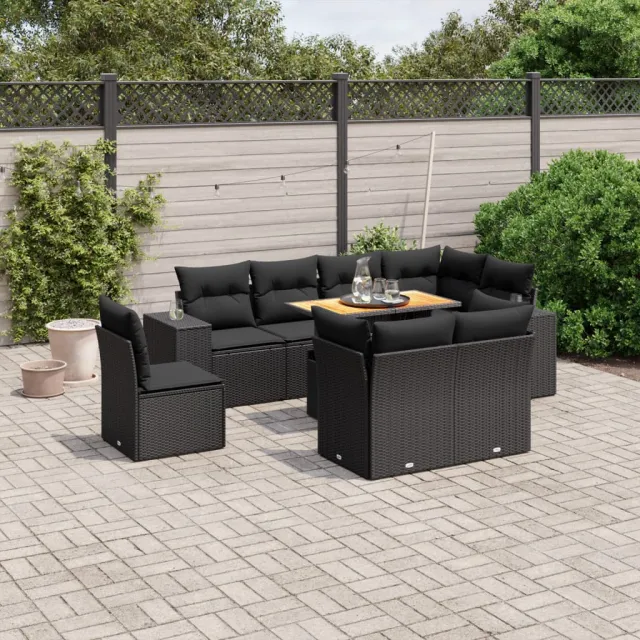 vidaXL 9-delige Loungeset met kussens poly rattan zwart, foto 2