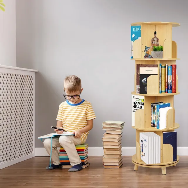 Corenia Roterende Boekenkast - Staand rek - Houten Planken - 360 Graden Boekenplanken - 4 Verdiepingen - Kinderen en Volwassenen Khaki