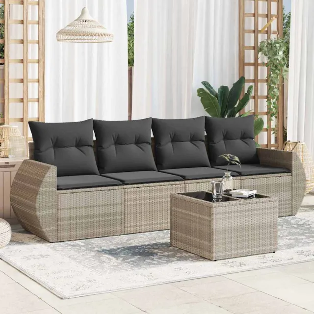 vidaXL 5-delige Loungeset met kussens poly rattan lichtgrijs grijs, foto 2