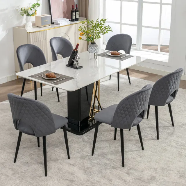 STILVORA Eetkamerstoel Set Van 6 - Fluwelen Zitting Met Rugleuning - Verstelbare Poten - Diamantstiksel Achterzijde - Grijs - 84 Cm